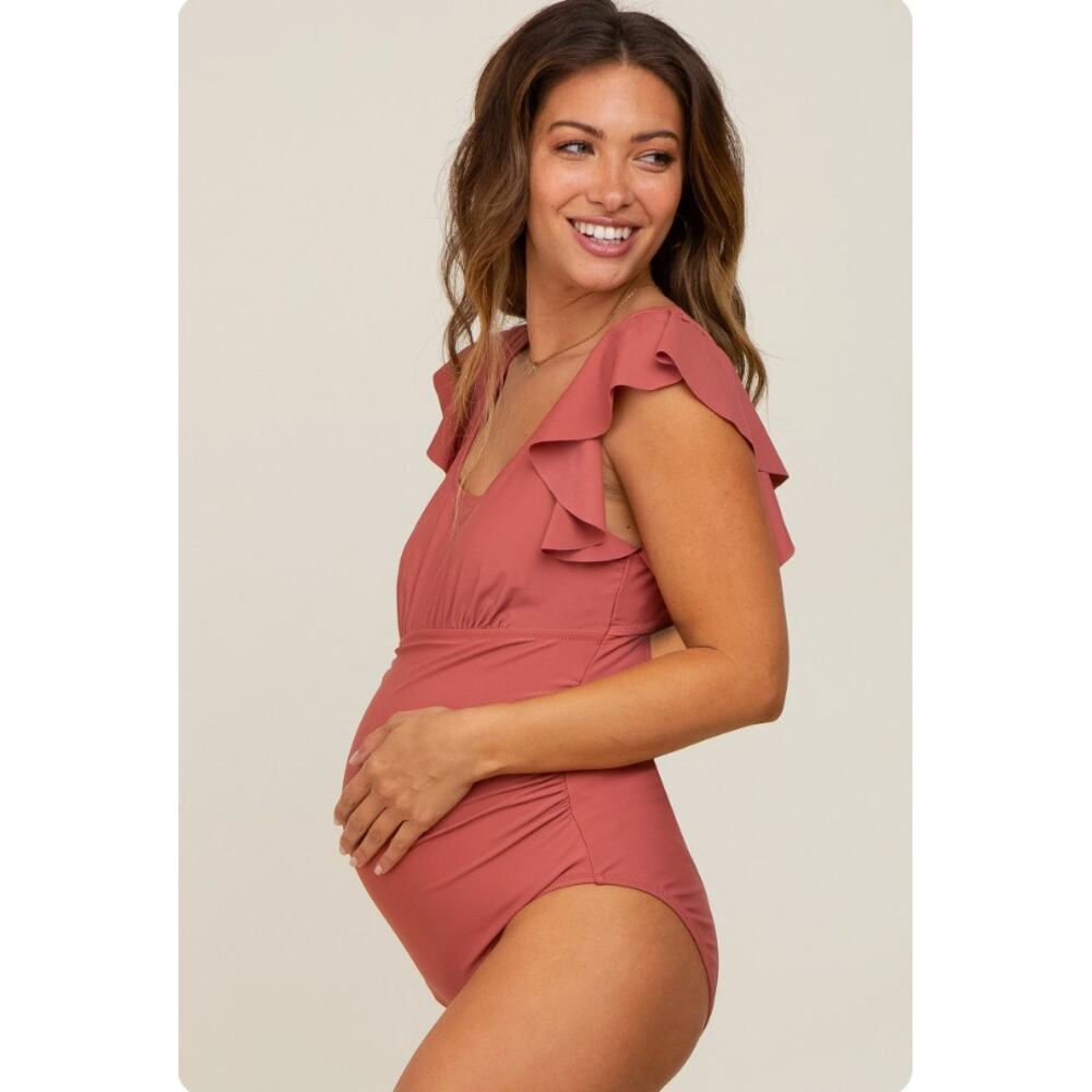 Pink Blush Rust Ruffle Shoulder Pleated Side Maternity One Piece Swimsuit Size L